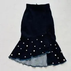 【美品】rienda デニムスカート パール装飾 フレア 24（D755）