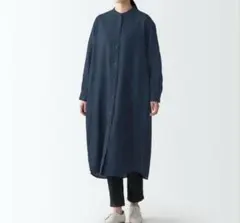 無印良品フレンチリネン洗いざらしスタンドカラーワンピース／ダークネイビー／Ｍ～L