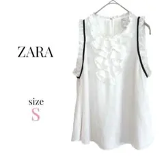 ザラ【S】フリル付きノースリーブブラウス 無地 シンプル 薄手 清楚系 ホワイト