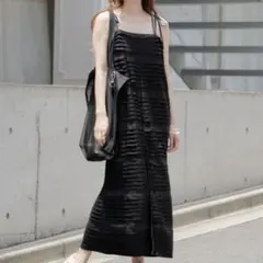 カスタネ　黒　ブラック　ロングワンピース　シアーフリルキャミワンピース