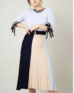 セシルマクビー★配色ロングワンピース☆サックス★M☆プリーツニットワンピ