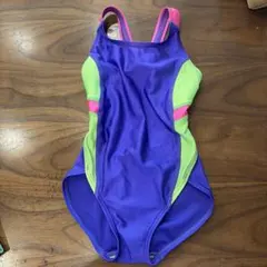 【美品】キッズ 水着 女の子 ワンピース 120 パープル×ライムグリーン 競泳