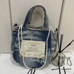 新品花柄デニムサイドポケット付きリメイクトートバッグ