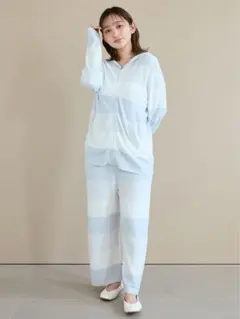 ジェラピケ　パジャマ ルームウェア 白 水色 ボーダー