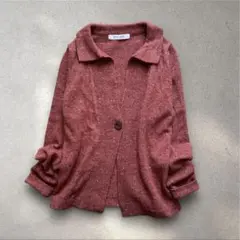 ニットポロカーディガン ウール 襟付き ボルドー ミドルゲージカーディガン