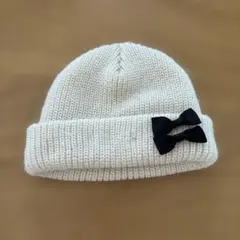 petit main アイボリー リボン付きニット帽 Sサイズ