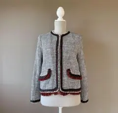 【ZARA BASIC】USA M　ツイード　白黒赤　ノーカラージャケット