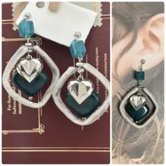 ファセットカットメタルハート×ダークグリーン　ハンドメイド　イヤリング　シルバー