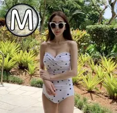 可愛い♡ワンピース水着 ホワイト ドット柄 サイドギャザー 体型カバー 水玉 M