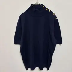 ハイネック 五分袖 ニット 【M相当】トップス ネイビー 華やか 上品 大人女子