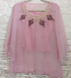 ピンク シフォンチュニック ブラウン刺繍