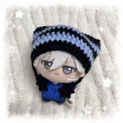 編み物 ちびぐるみ ぬい服 猫耳ニット帽 ブラック×ライトブルー