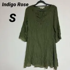 ★Indigo Rose【S】オリーブ 刺繍七分袖ワンピース　Aライン　海外古着