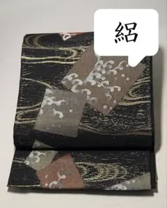 E 夏物 丸に草花文 金糸 黒 菖蒲 桔梗 六通 正絹 薄物 絽 紗 袋帯