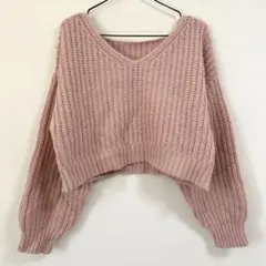 美品✨グレイル　GRL Vネックショートニットセーター　ボリューム袖　ピンク