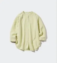 リネンブレンドストライプバンドカラーシャツ　ライトグリーン