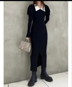 rienda バイカラーチェルシーカラーロングスリーブニットワンピース