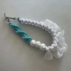 ハンドメイド ストラップ パール フリル ターコイズ