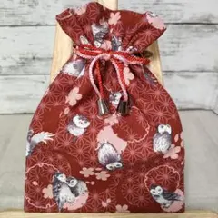 ハンドメイド　巾着袋(小)　麻の葉・雪輪ふくろう　えんじ　和柄　段染め江戸打紐