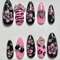 ネイルチップ ギャル 派手 ハイビスカス ゼブラ ヒョウ柄 平成 y2k