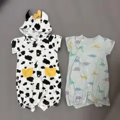 夏綿100% 新生児男の子　牛の着ぐるみ・恐竜柄カバーオールセット