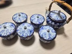 アンティーク有田焼き染付 亀甲文 煎茶器揃 急須 蓋付湯呑 陶磁器、和