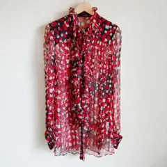 Adonisis フリルシルクシアーシャツ　花柄総柄　レッド赤　フリルネック