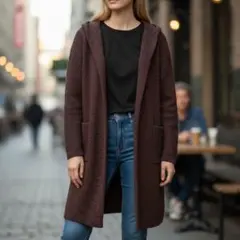 美品 ユニクロ UNIQLO ロングコート S ワイン色 フード付 前面ポケット