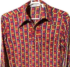 B.V.D M L 長袖 チェック アート柄 総柄 ディスコ ダンス シャツ