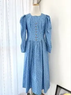 ヴィンテージ風 小花柄 ロングワンピース ブルー パフスリーブ クラシカル M