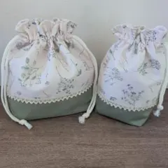 【入園入学準備】花柄お弁当袋＆コップ袋セット＊グリーンのナチュラルな花柄