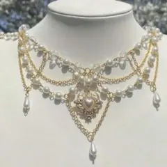 ロリータ　ホワイト　ハート　フェイクパール　ビーズ　ネックレス　ゴールド