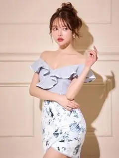 【Tika】 2WAYオフショル 袖フリル 花柄 タイトミニ キャバドレス