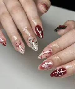 ネイルチップ 24個入り y2k アーモンド型 リボン 星 バレンタイン レッド