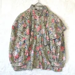 NOBUO／ブラウス シャツ L 7分袖 花柄 総柄 レース フリル レトロ
