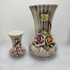 イタリア製 陶器 葡萄の花瓶 ピッチャー とバスケット型 薔薇 2点