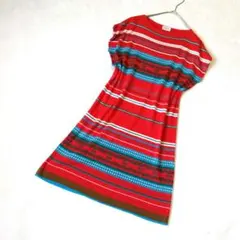 美品　romancier ノースリーブニットワンピースFREE 赤系　ボーダー