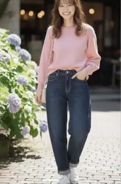 Cepo ダーツクロップドパンツ ストレートデニム ダークブルー ウエストゴム付