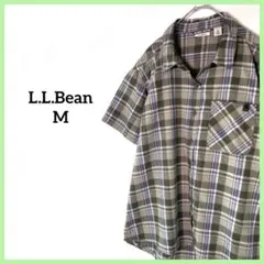 【美品】エルエルビーン　半袖チェック柄シャツ　M　オリーブグリーン　トラベル