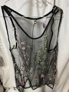 メンズ　 シースルー 刺繍 花柄 タンクトップ 黒 Mサイズ