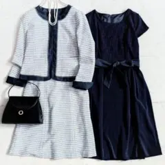 美品【大きいサイズ11】ツイードワンピーススーツ 3点セット セレモニー 白×黒