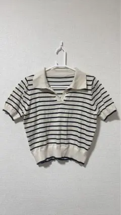 SHEIN ボーダー柄 襟付き 半袖ニット ポロニット