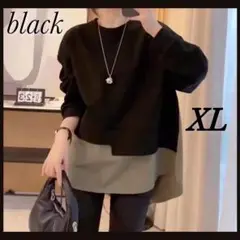【再入荷】黒 レイヤード 長袖トップス XL 着痩せ おしゃれ 韓国 スリット