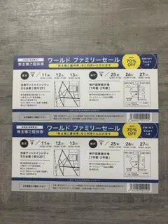 ワールド 株主優待券2枚(ワールドファミリーセール株主様ご招待券 東京/神戸)のサムネイル