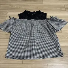 【美品】チェック レース切替 オフショルブラウスのサムネイル