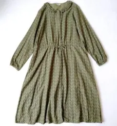 サマンサモスモス　フリル襟付き　ロングワンピース　総柄　木の実柄　綿　麻　F