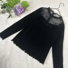 【レイカズン】レース切替リブニット　ブラック黒　透け感　大人可愛い　F
