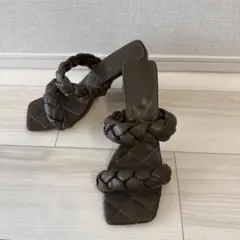 【美品】スクエア トゥ サンダル ダークブラウン レザー オープントゥ 編み込み