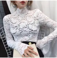 ☆シースルートップス☆花柄レース☆シアー☆ハイネック☆ホワイト　白