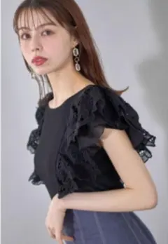 SALE❣️トッコクローゼット レースフリル切り替えリブカットプルオーバー 黒